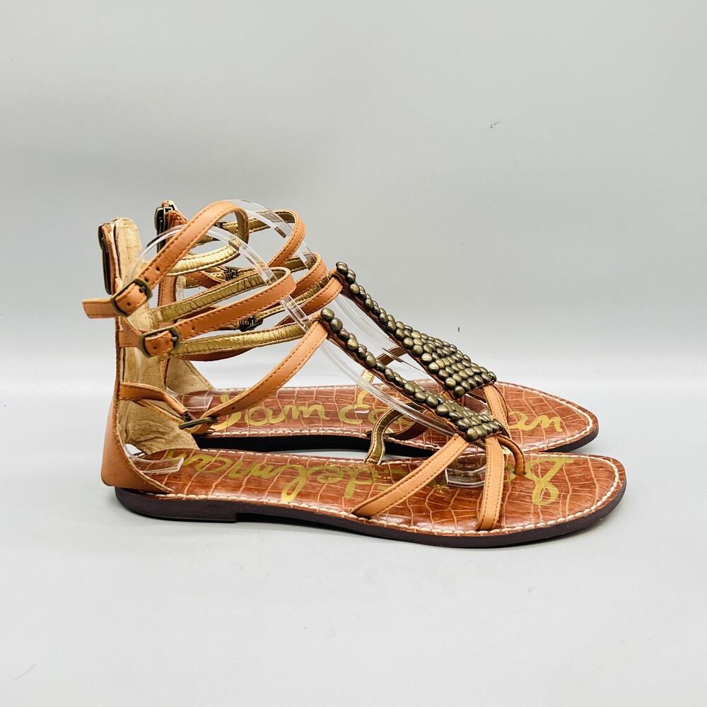 Sam Edelman Sandals Womens 9 Brown Leather Ginger Gladiator Studded Flat Shoes